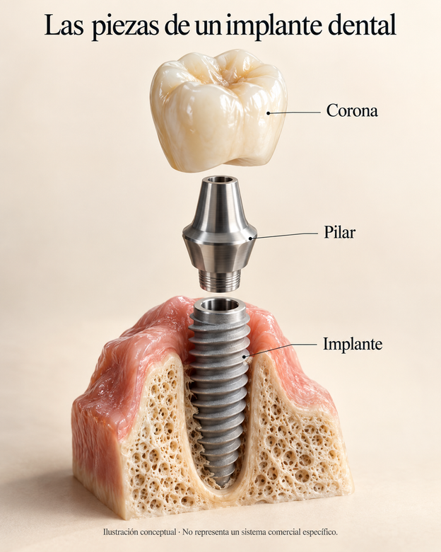 Imagen creada con el comando /explodedview de ChatGPT: piezas de un implante dental (corona, pilar e implante)